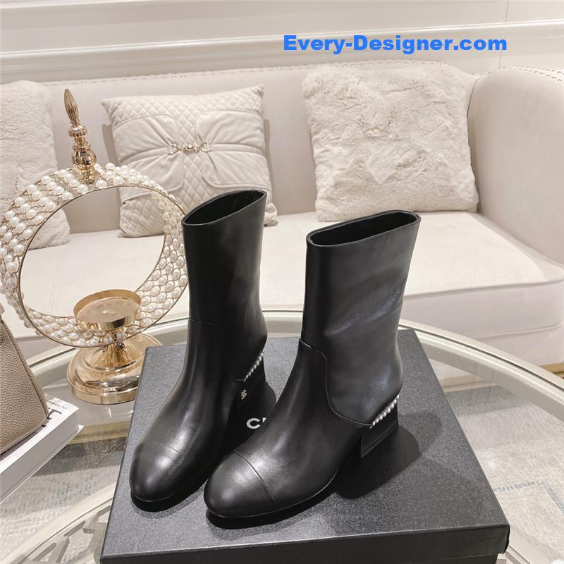 Ch**el black round toe calfskin ankle boots
