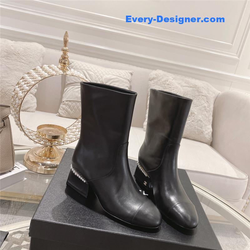 Ch**el black round toe calfskin ankle boots