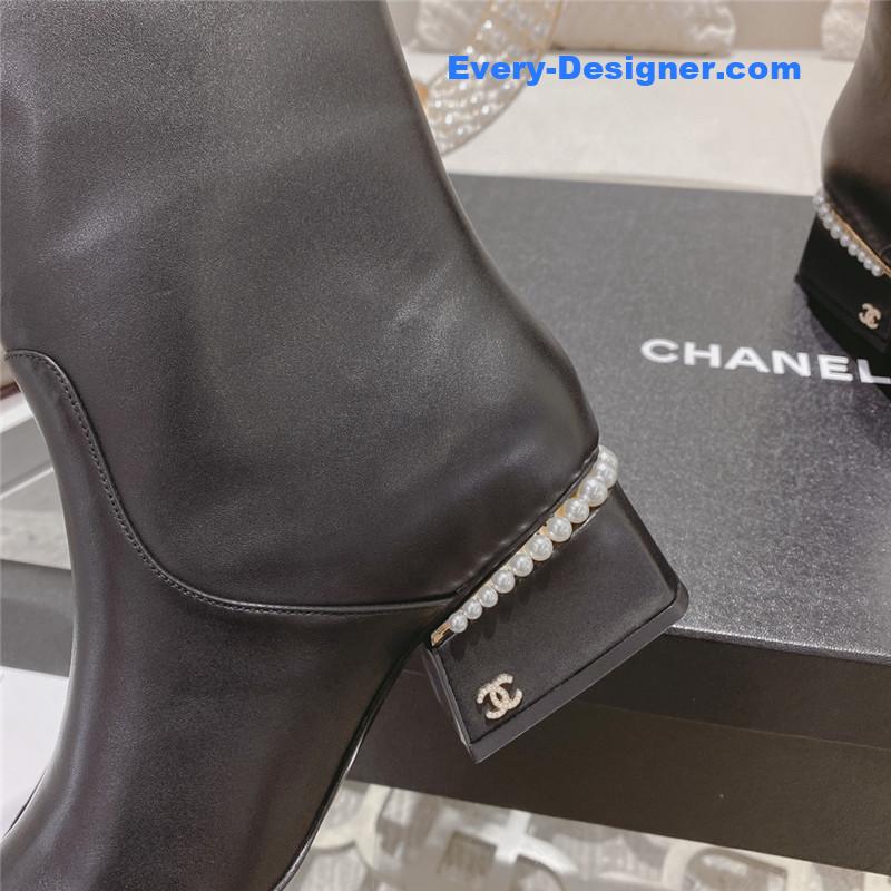 Ch**el black round toe calfskin ankle boots