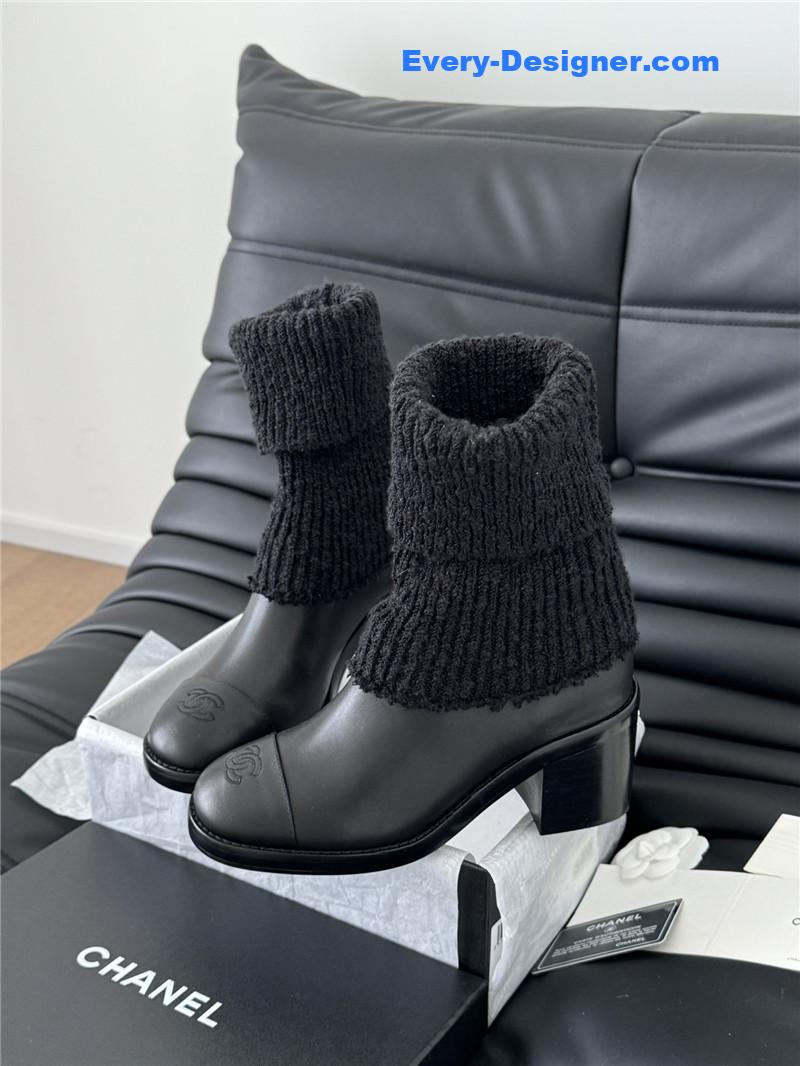 Ch**el black calfskin sock ankle boots