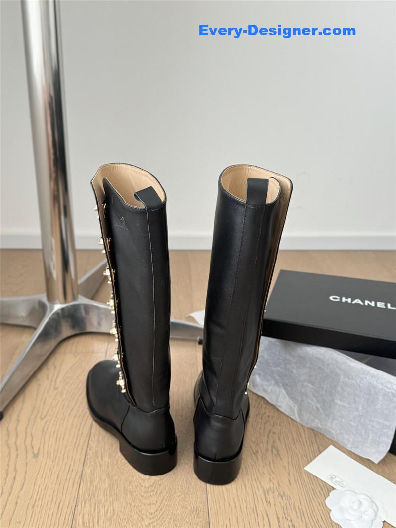 Ch**el black calfskin high boots for women