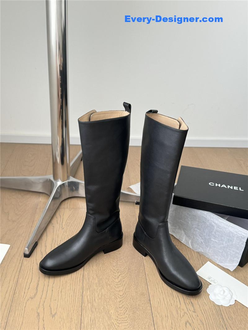 Ch**el black calfskin high boots for women