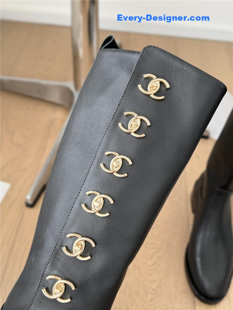 Ch**el black calfskin high boots for women