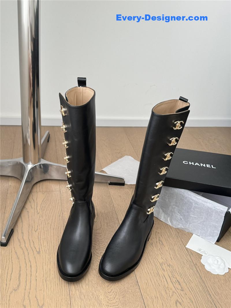 Ch**el black calfskin high boots for women