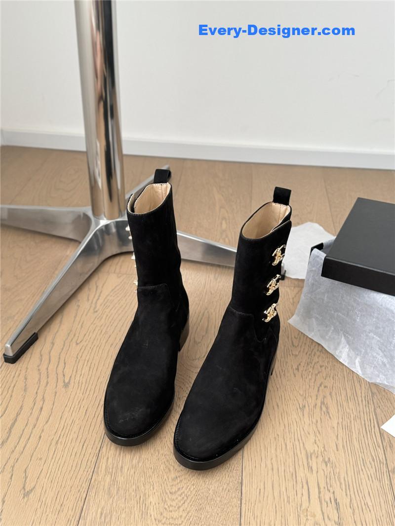Ch**el logo black suede ankle boots