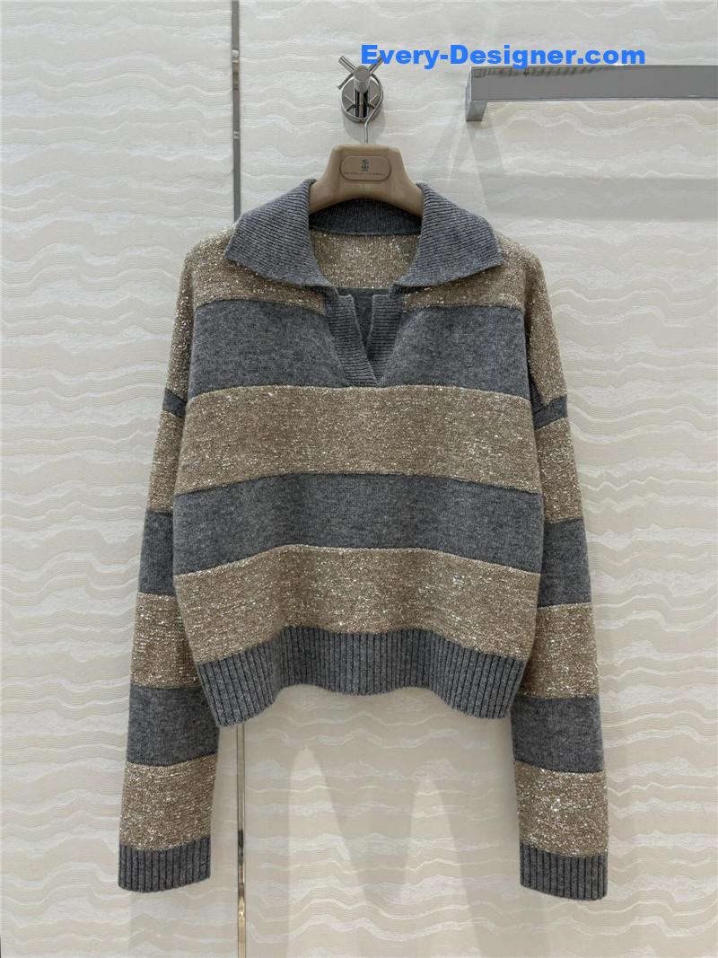BC Striped Lapel-Neck Blend Knit Sweater