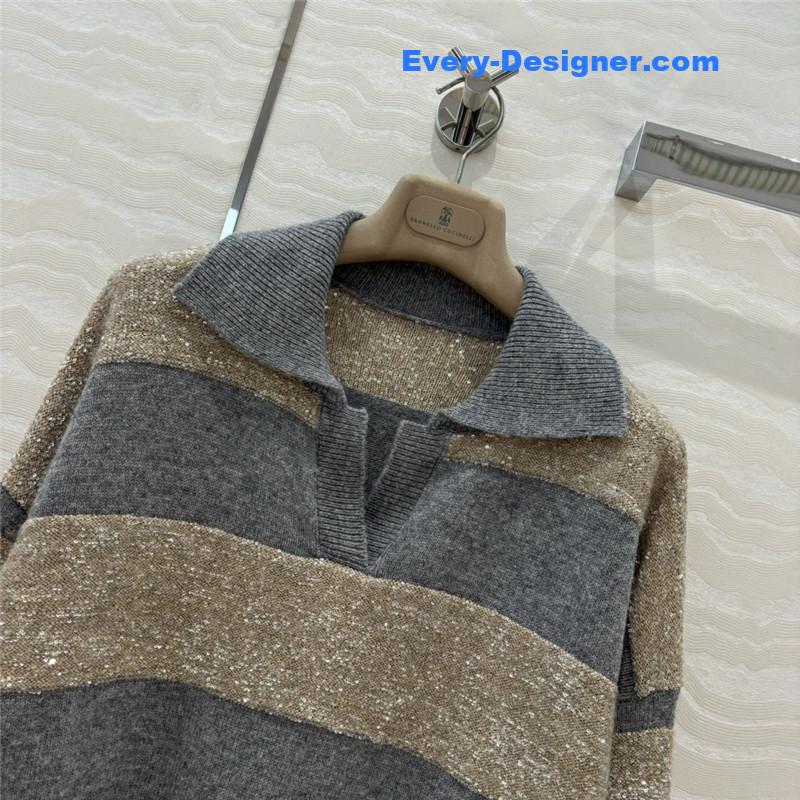 BC Striped Lapel-Neck Blend Knit Sweater