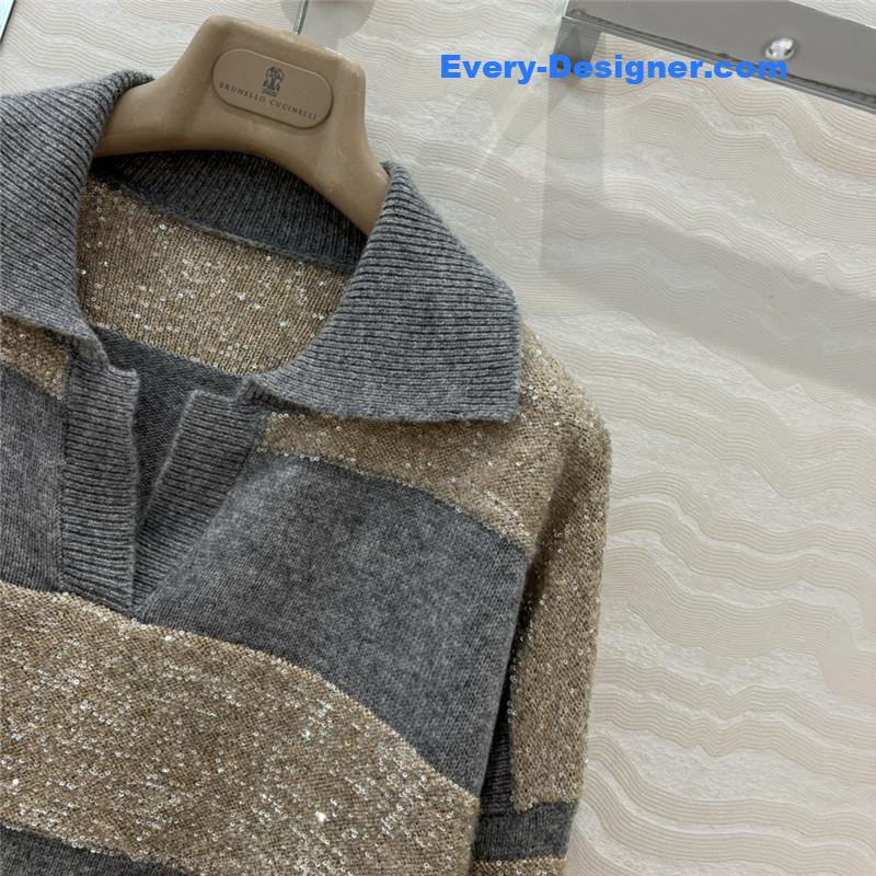 BC Striped Lapel-Neck Blend Knit Sweater