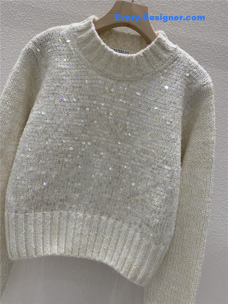 BC Sequined Rib-Knit Sweater White