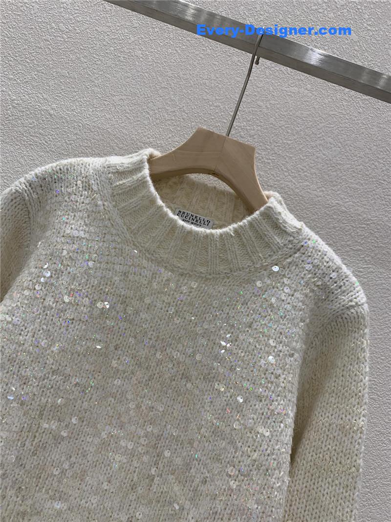 BC Sequined Rib-Knit Sweater White