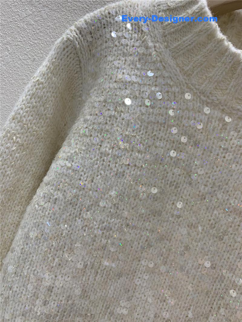 BC Sequined Rib-Knit Sweater White