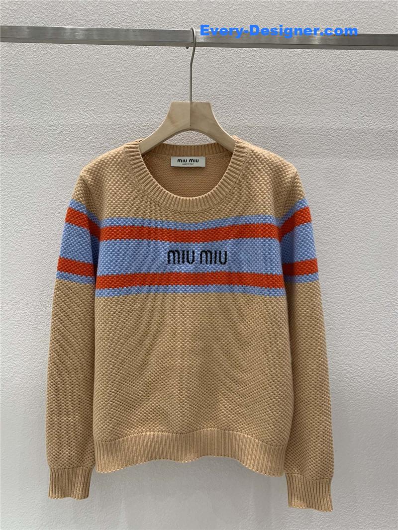 Miu Miu Logo Contrast Knit Sweater in Brown