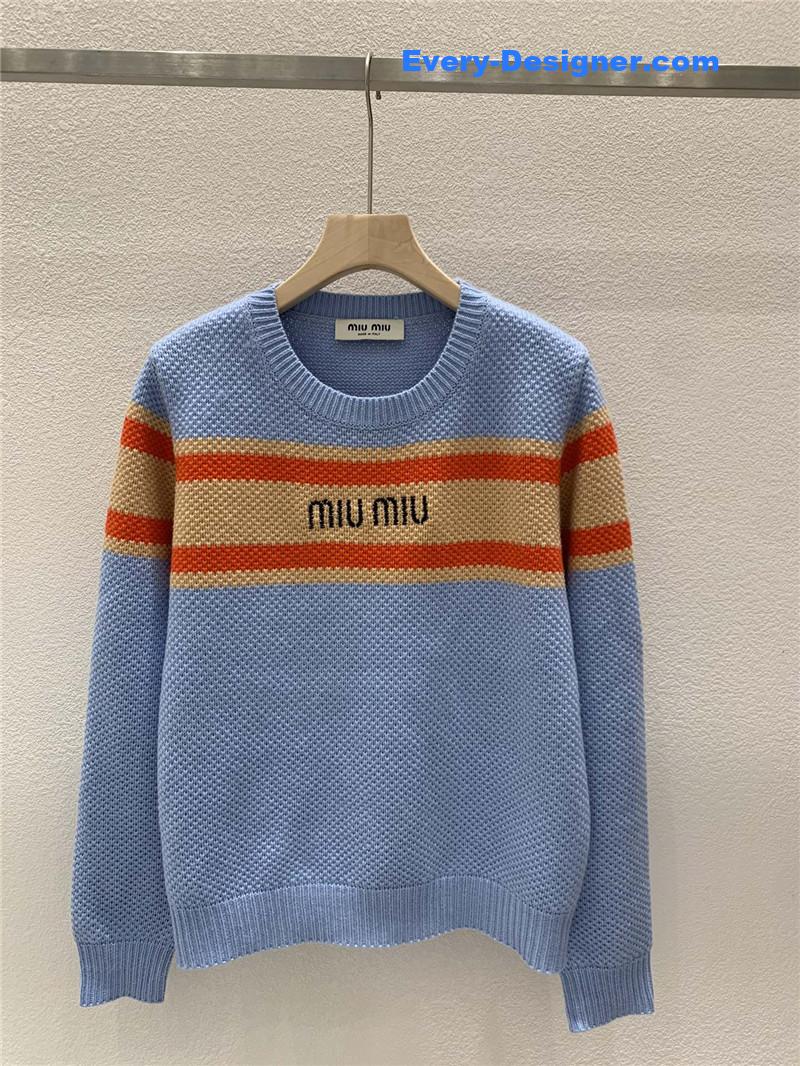 Miu Miu Logo Contrast Knit Sweater in Blue