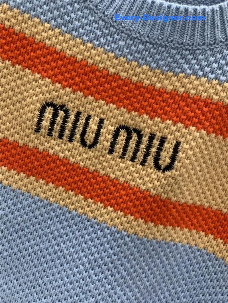 Miu Miu Logo Contrast Knit Sweater in Blue
