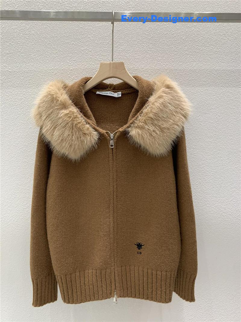 D10r fur zip-up hooded cardigan brown