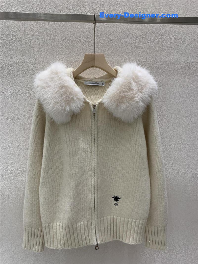 D10r fur zip-up hooded cardigan white