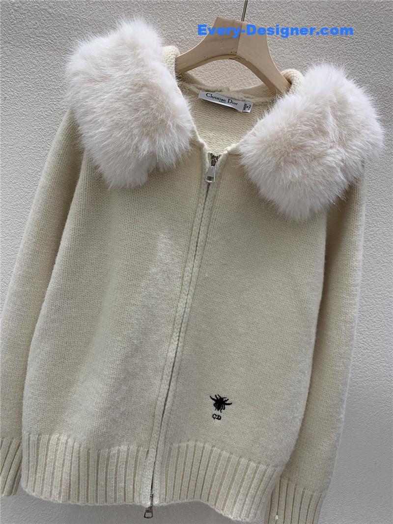D10r fur zip-up hooded cardigan white