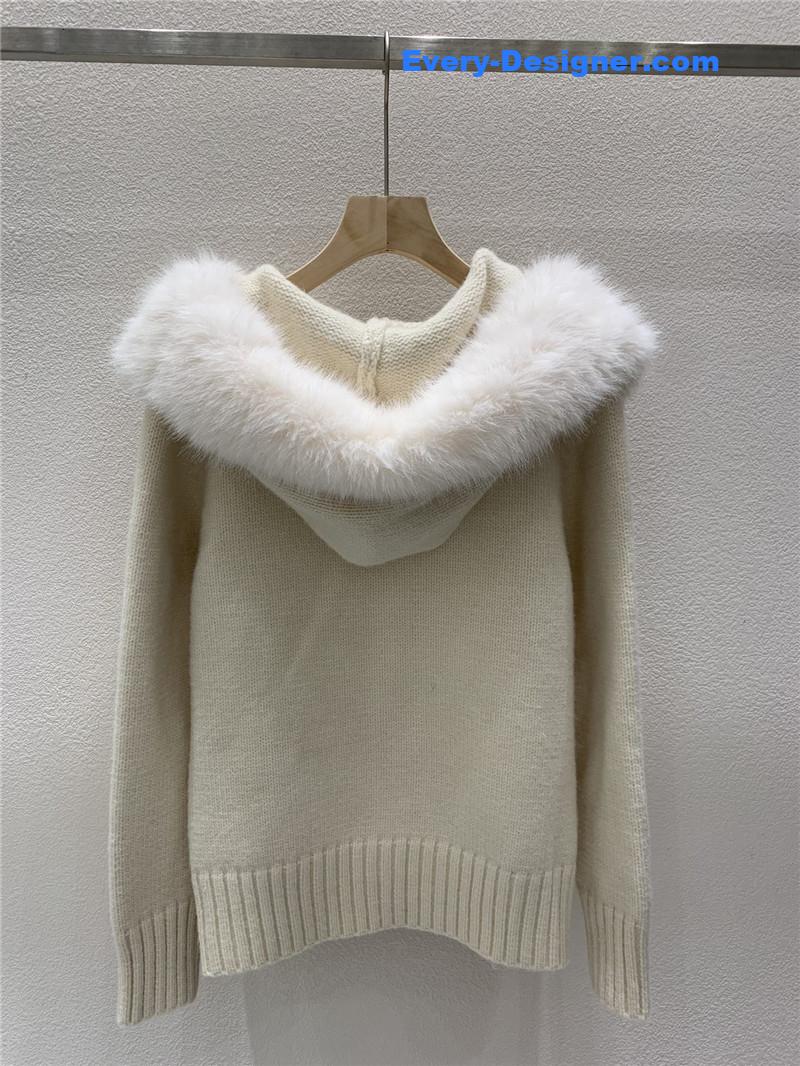 D10r fur zip-up hooded cardigan white