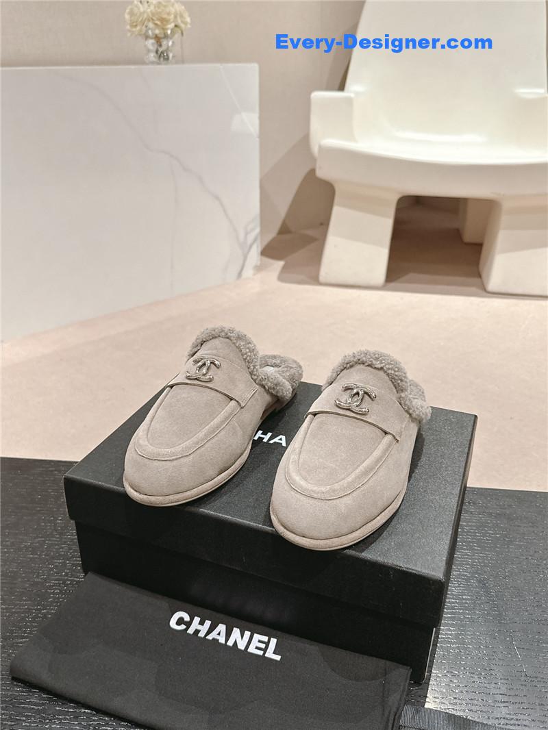 Ch**el calfskin wool mule loafers grey