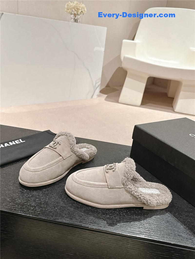 Ch**el calfskin wool mule loafers grey