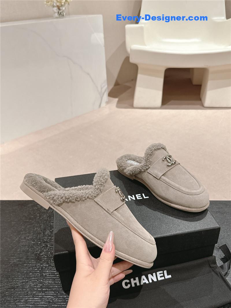 Ch**el calfskin wool mule loafers grey