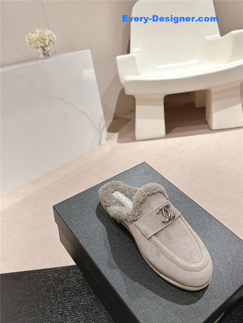 Ch**el calfskin wool mule loafers grey