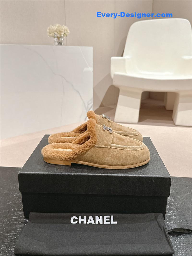 Ch**el calfskin wool mule loafers beige