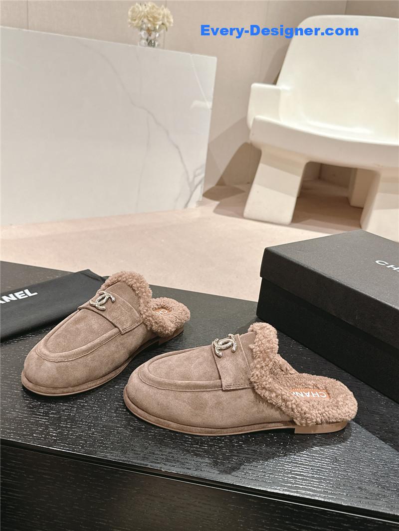 Ch**el calfskin wool mule loafers camel