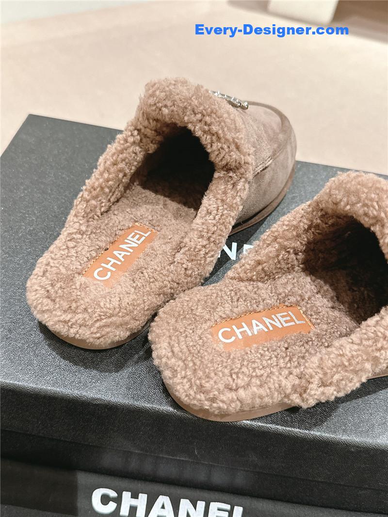 Ch**el calfskin wool mule loafers camel