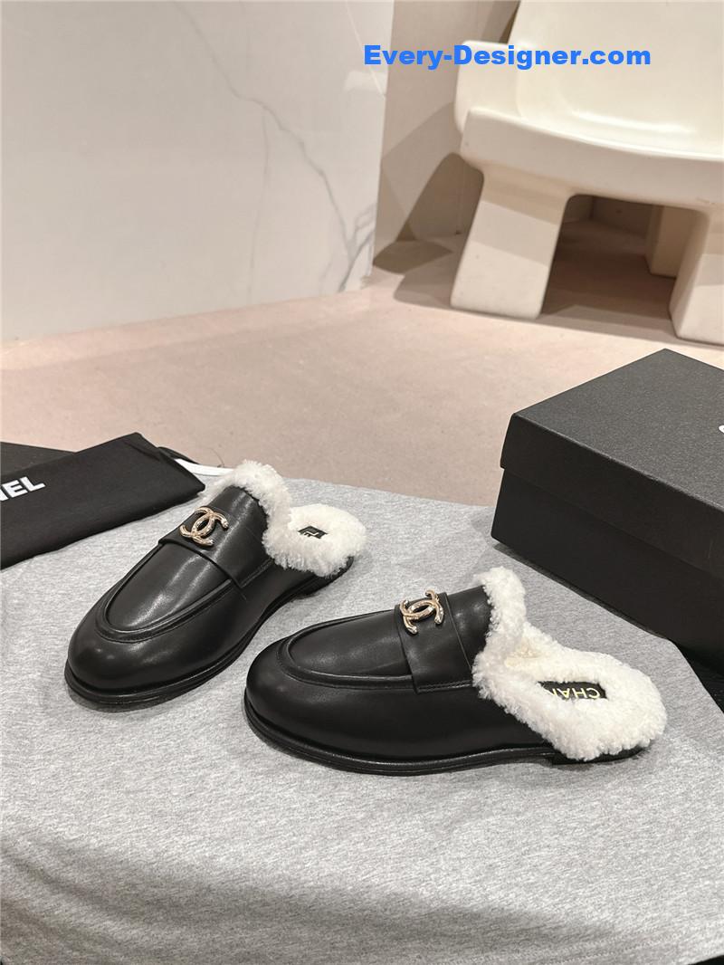 Ch**el calfskin wool mule loafers in black