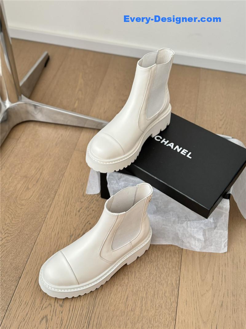 Ch**el white calfskin cap toe ankle boots