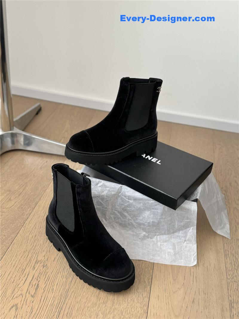 Ch**el black suede calfskin grosgrain cap toe ankle boots