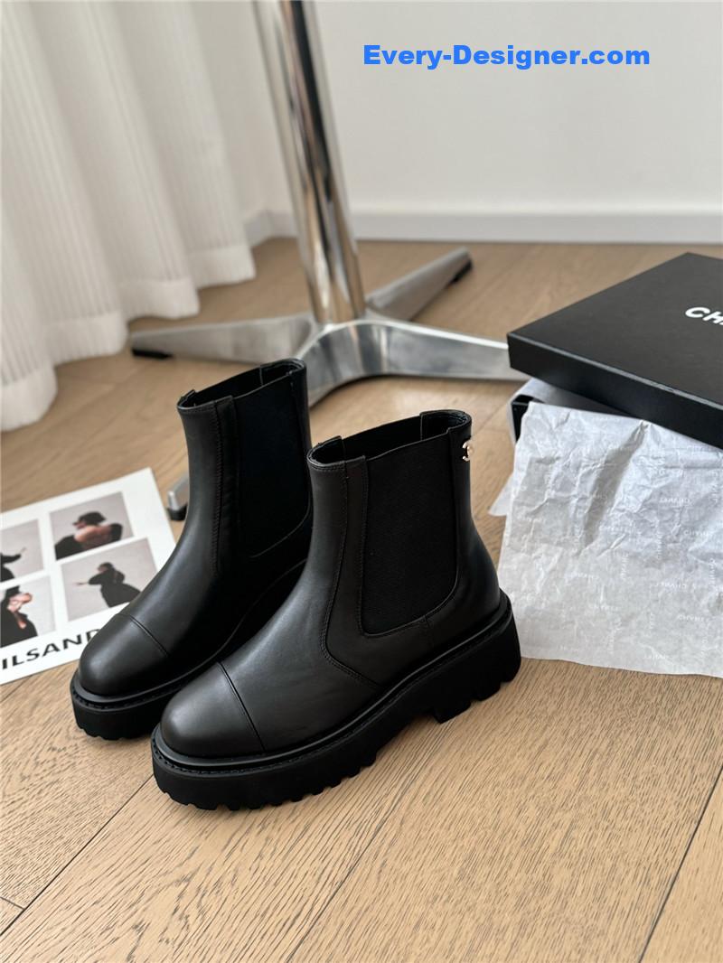 Ch**el black leather calfskin cap toe ankle boots