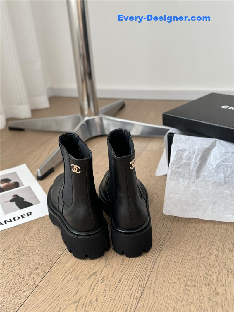 Ch**el black leather calfskin cap toe ankle boots