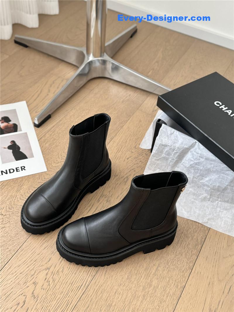 Ch**el black leather calfskin cap toe ankle boots