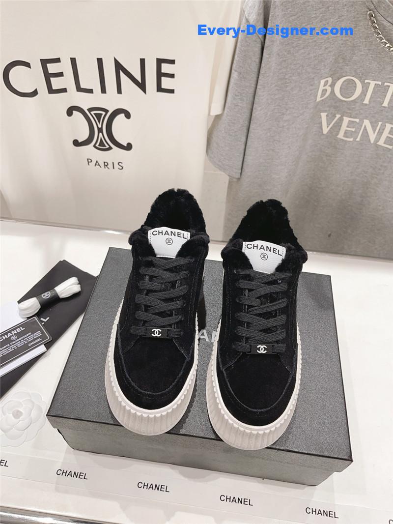 Ch**el black suede leather lace-up platform sneakers