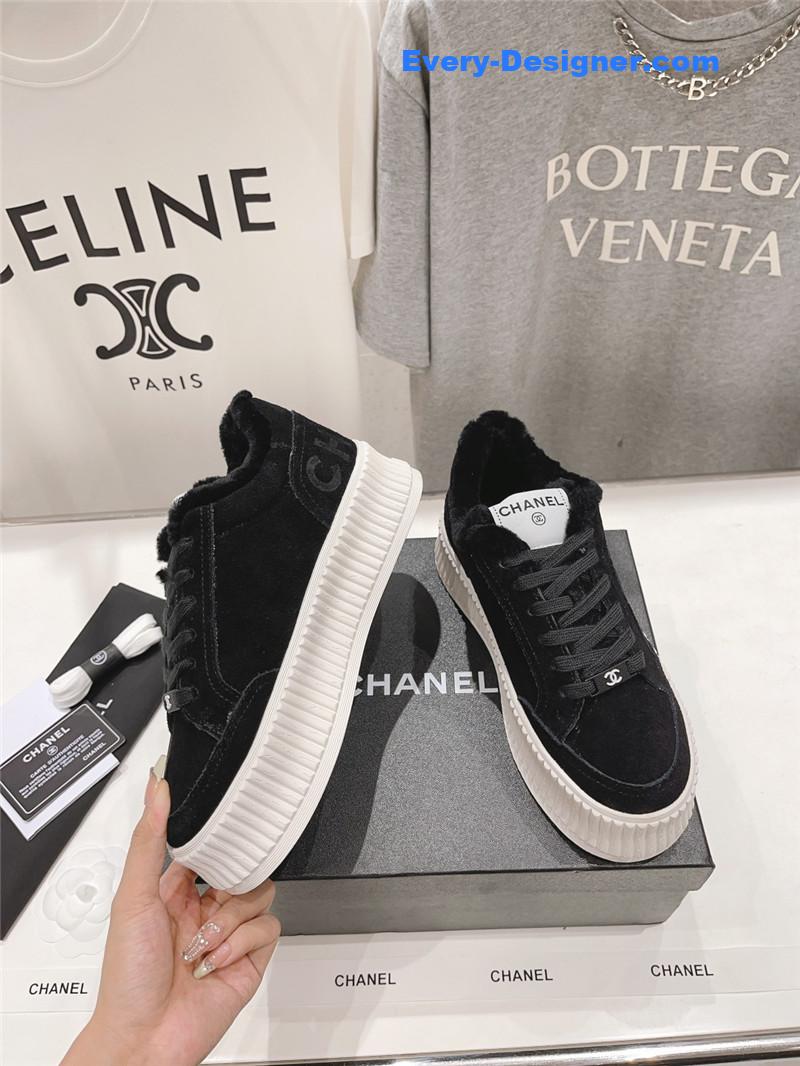 Ch**el black suede leather lace-up platform sneakers