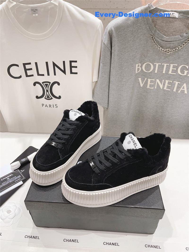Ch**el black suede leather lace-up platform sneakers