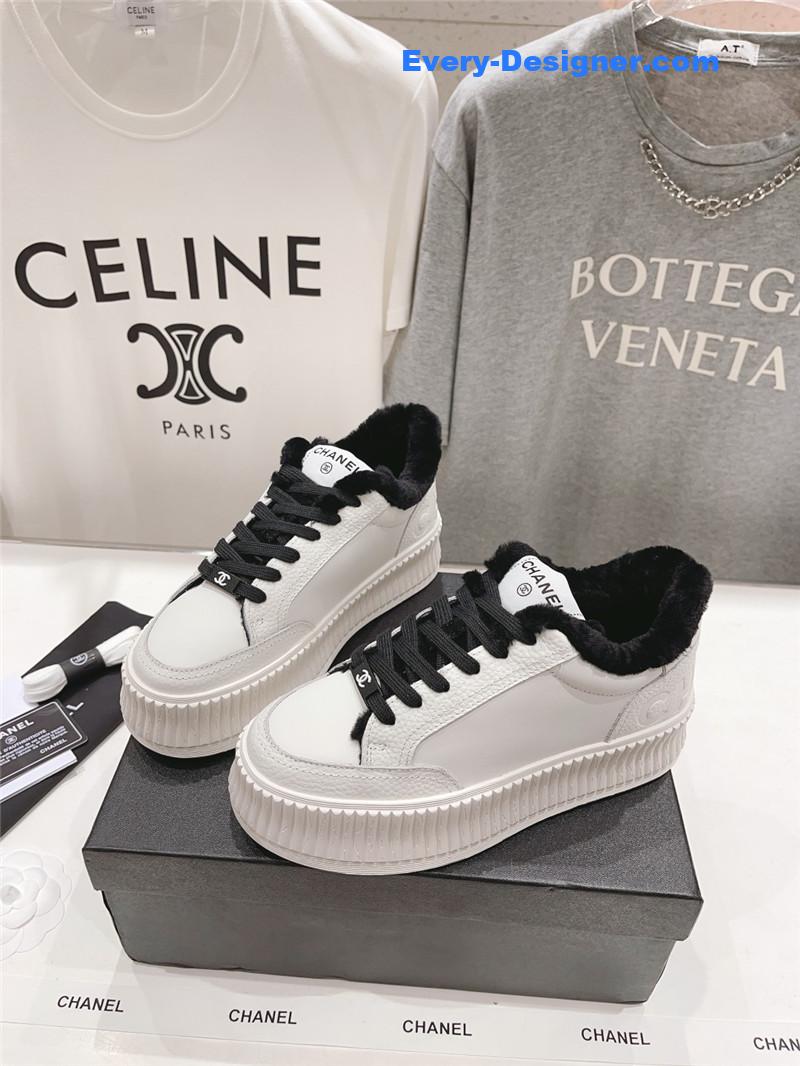 Ch**el white leather lace-up platform sneakers
