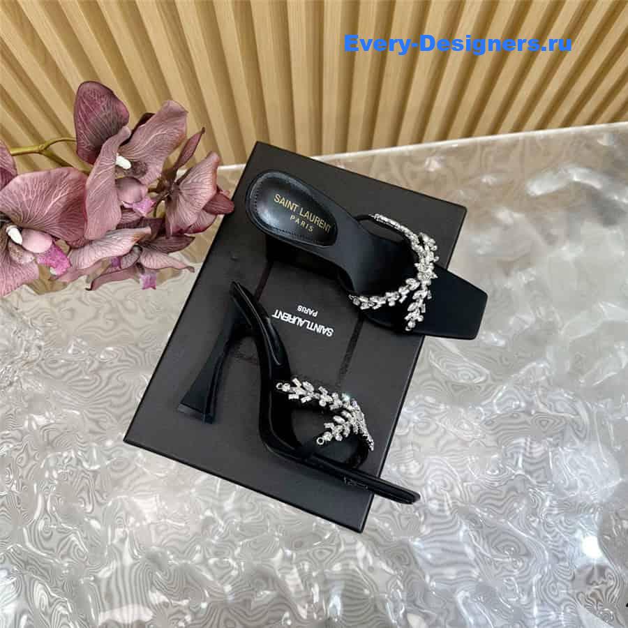 Y51 liz mules in black satin crepe with rhinestones