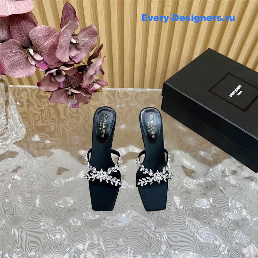 Y51 liz mules in black satin crepe with rhinestones