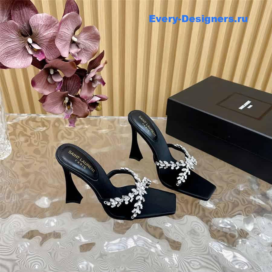 Y51 liz mules in black satin crepe with rhinestones