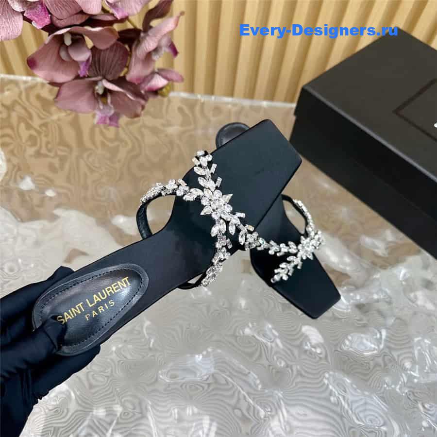 Y51 liz mules in black satin crepe with rhinestones