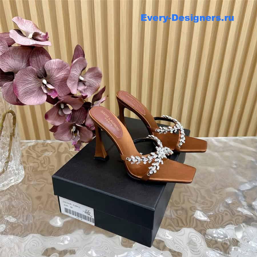 Y51 liz mules in brown satin crepe with rhinestones