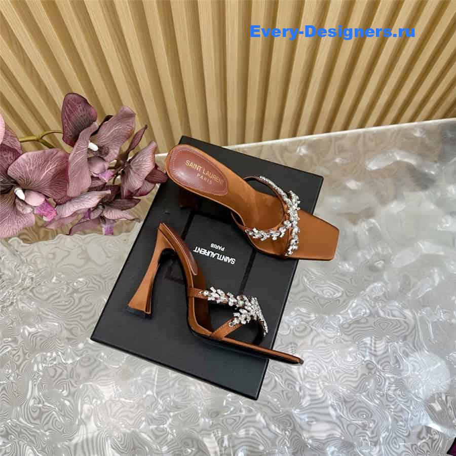 Y51 liz mules in brown satin crepe with rhinestones