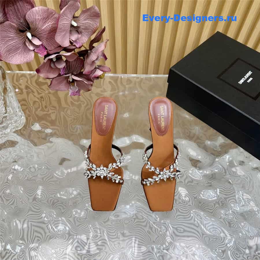 Y51 liz mules in brown satin crepe with rhinestones