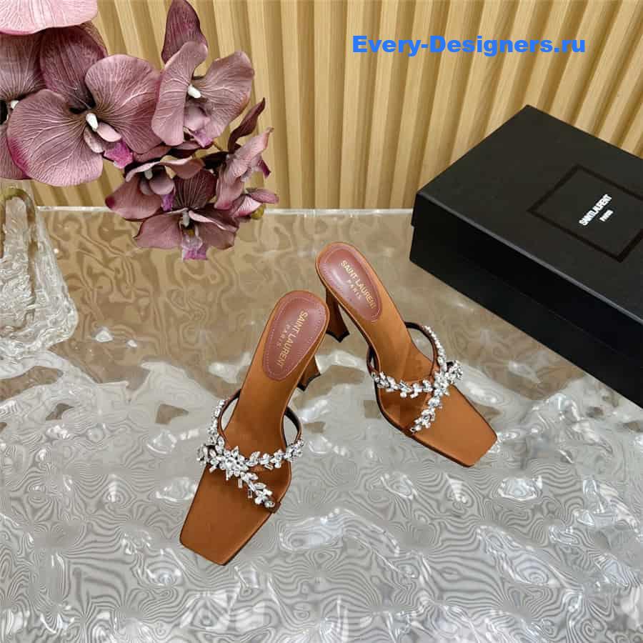 Y51 liz mules in brown satin crepe with rhinestones