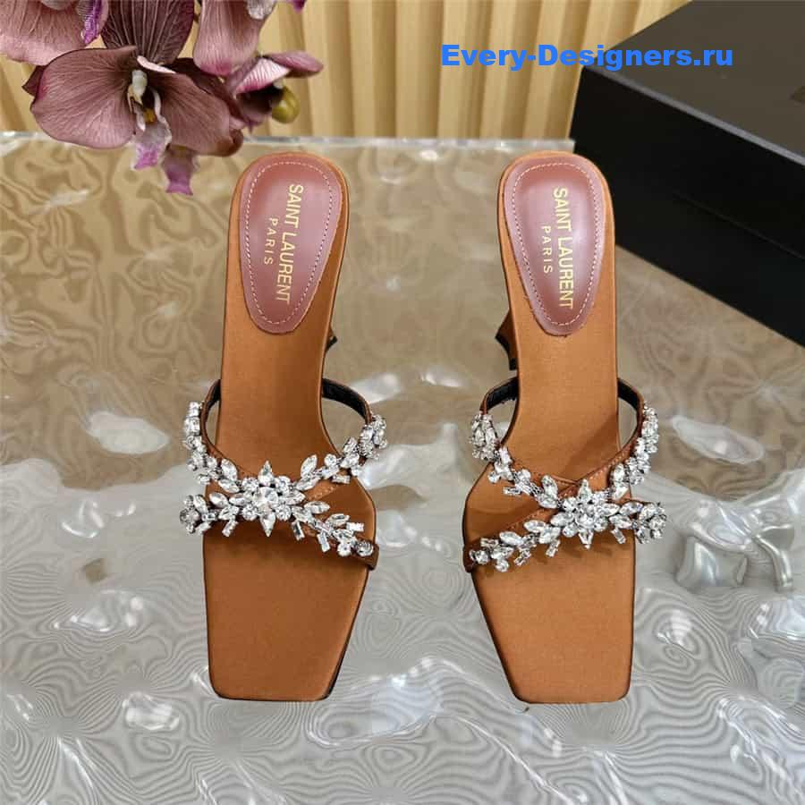 Y51 liz mules in brown satin crepe with rhinestones