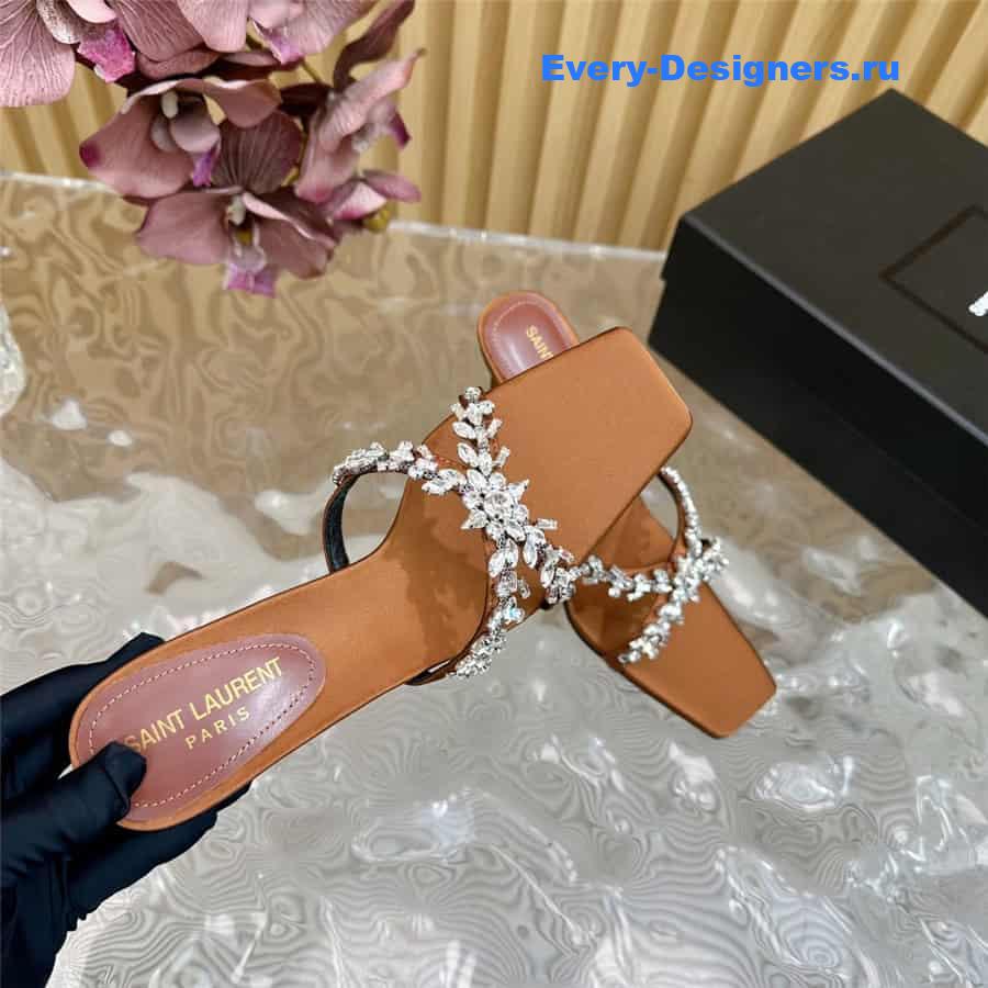 Y51 liz mules in brown satin crepe with rhinestones