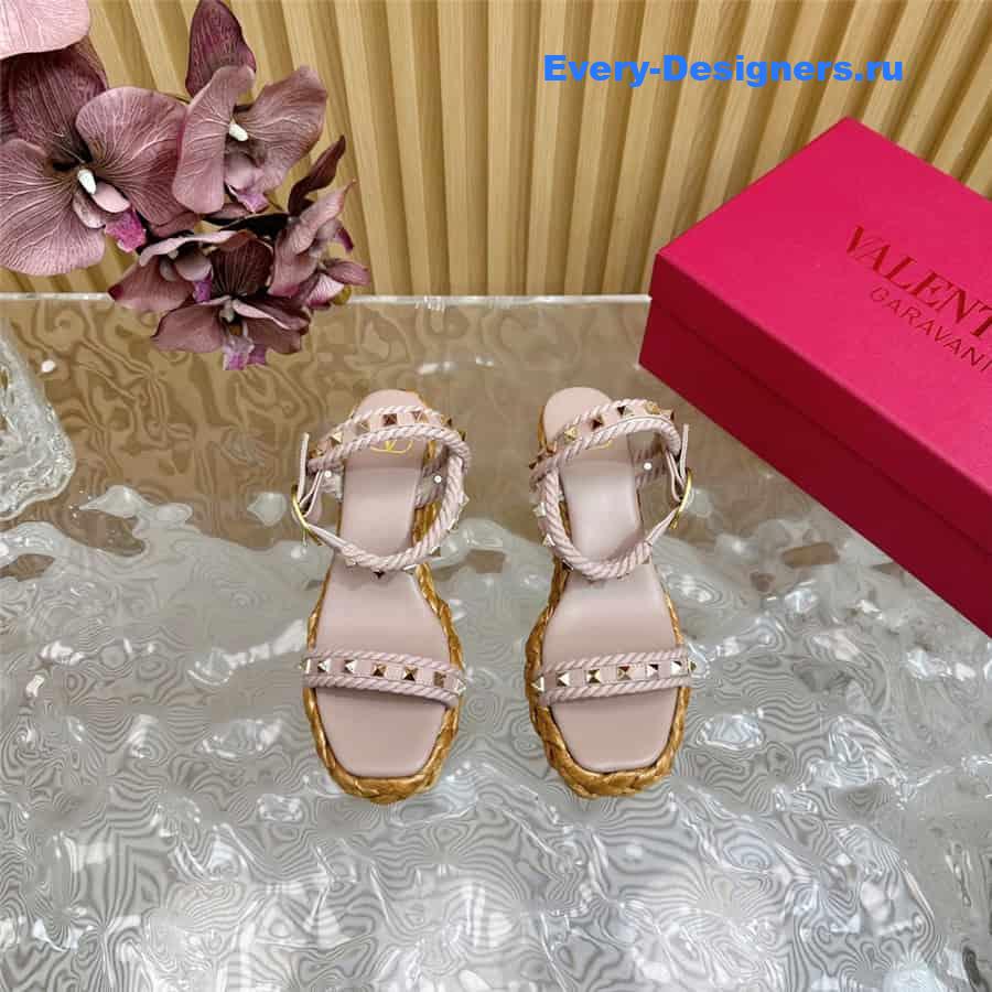 Va1e*ntin0 rockstud pink wedge calfskin sandals